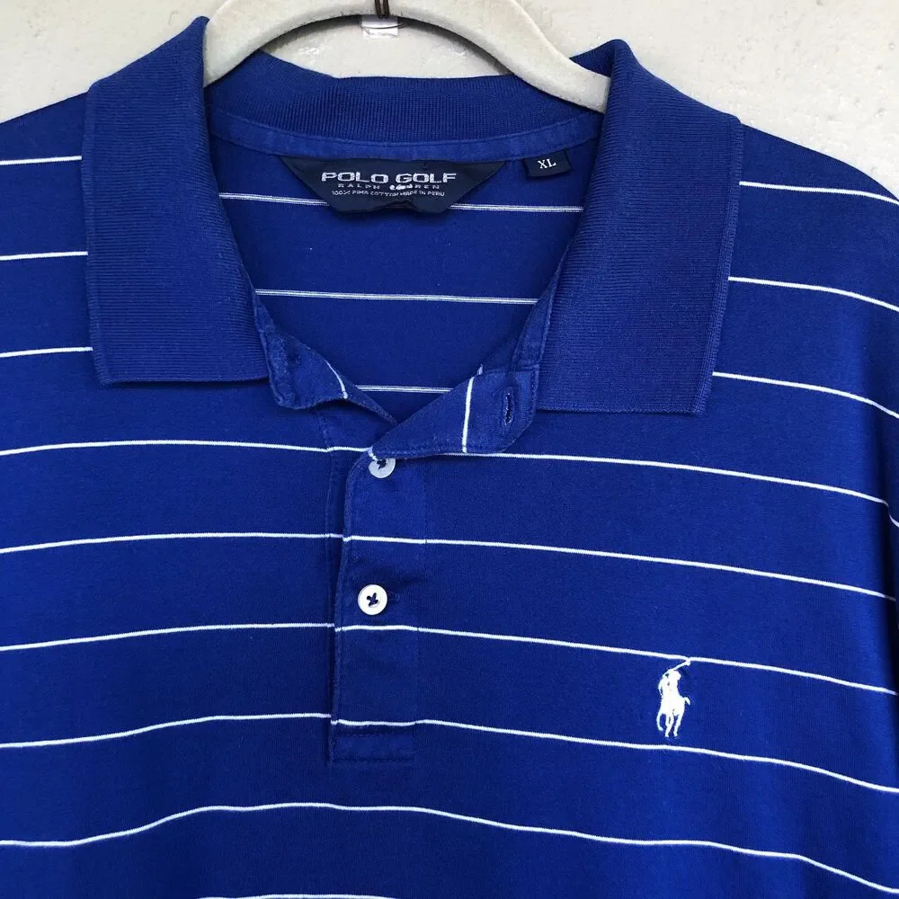 Polo Golf Ralph Lauren Shirt Men XL Blue White Striped Pima Cotton Golf Preppy